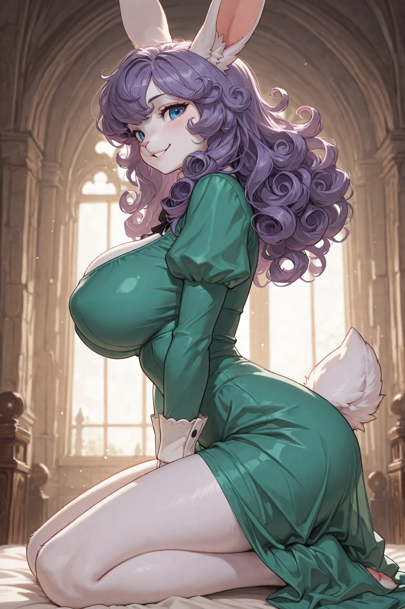 tall, dark green hair, soft make up, pink dress, fur around neck, jewlery on neck, purple gloves, big chest