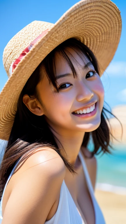 masterpiece,best quality,(Japanese ),((Beautiful girl)),cleavage,(perfect body beauty:1.2),(shy smile),beautiful teeth,(straw hat),(seaside),