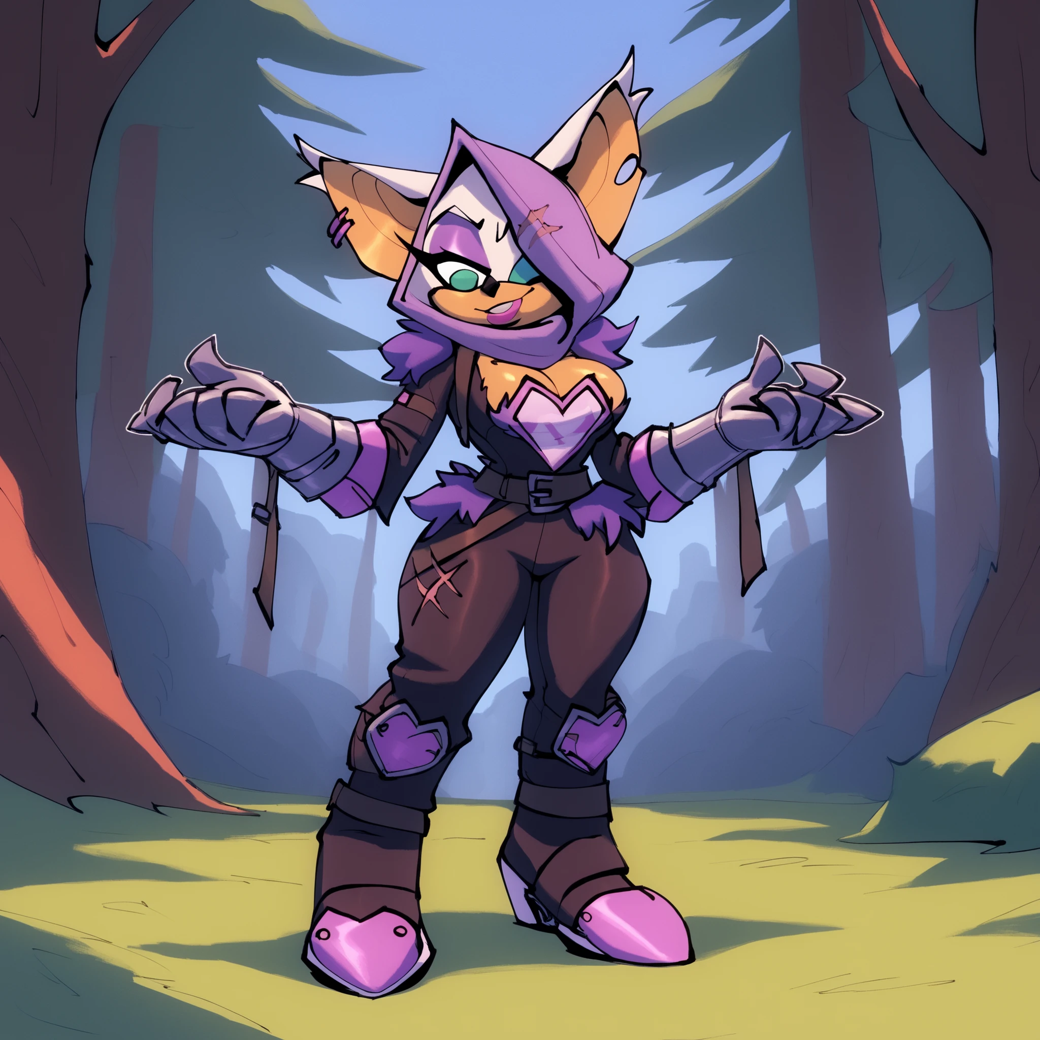 Rouge the Bat (Bigdad/character), female, (long hair), solo, outdoors, medium breasts, fuzzy fur, Rouge dressed as Raven Team Leader, cosplay, purple hood, (furry), black body fur, bodysuit, purple fur, belt, straps, :3, torso symbol, metal gloves, forest, hair sticking out of hood, small scar over one eye, alternate version of Rouge