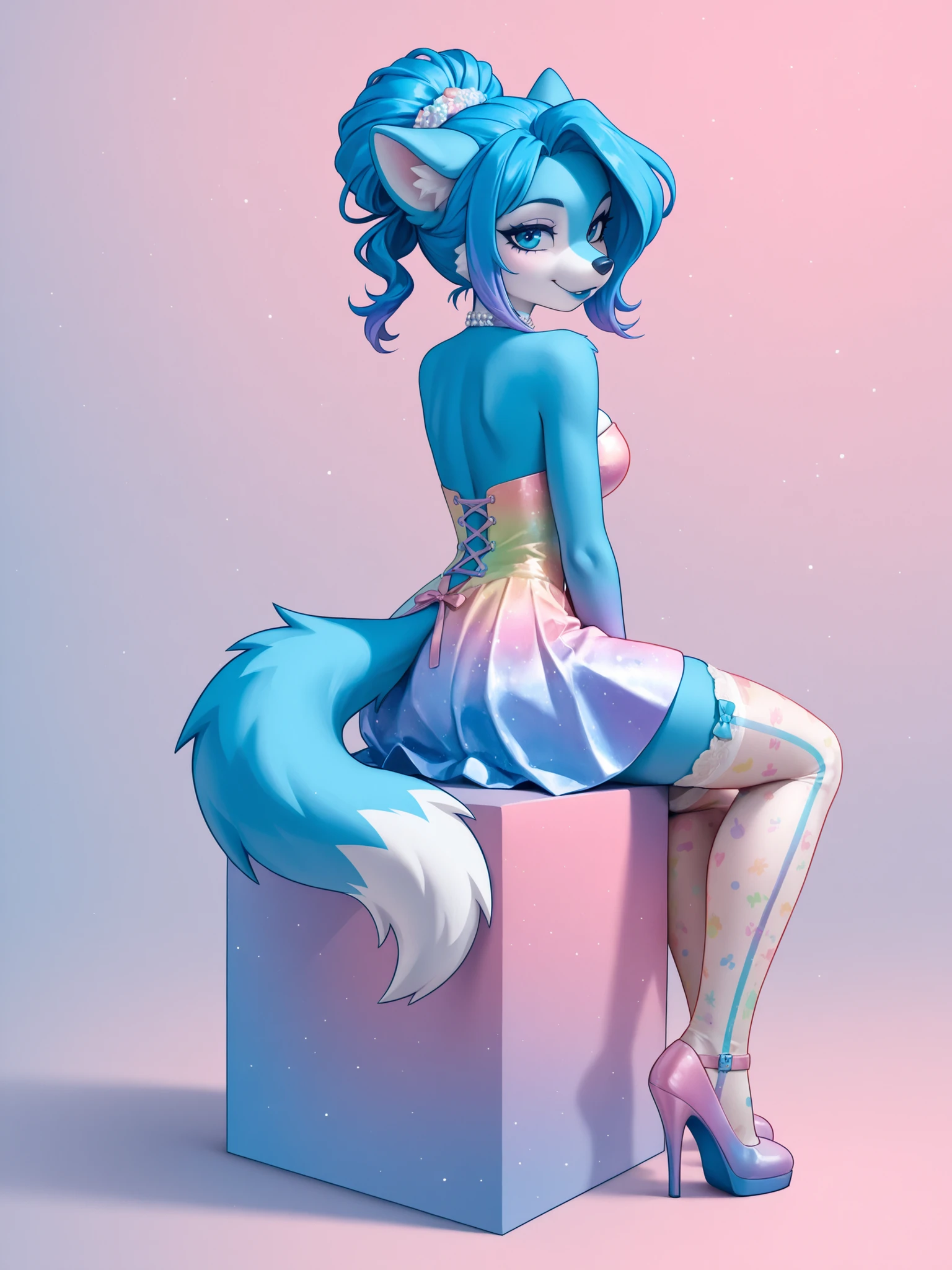 uploaded on e621, explicit content, 3d, cutesexyrobutts, hioshiru, female, solo, galarian ponyta, alleyway setting, (pink eyeshadow, pink clothes, (microskirt), pink velvet collar, (pink see-through crop top), style, (pastel color thighhighs)), clothed, clothing, three-quarter portrait, closeup, standing,  figure, small breasts, toned stomach, thick thighs, wide hips, hair, see-through top, visible nipples,