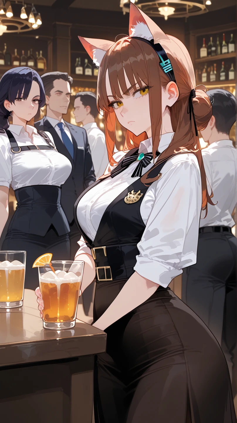anime-style, In a bar scene, several people are gathered around a table, interacting and sharing a drink. The focal point seems to be a woman with cat ears, that is at the center of the group, with several people around her, each with different expressions and poses. The weather seems to be night or late at night, given the illuminated environment. The image is framed closely, , which focuses attention on the interactions between individuals and the expressions on their faces. The elements are arranged around the central woman, , which indicates the concentration on the social dynamics of the group.

 The woman stands out for the cat's ears that she wears as an accessory. She has fair skin and dark hair with a neutral or slightly serious expression. Her clothes include a white shirt, a dark ribbon and a brown dress. The people in the scene have expressions y variable poses. They are dressed in formal costumes and seem to participate in a conversation or encounter.