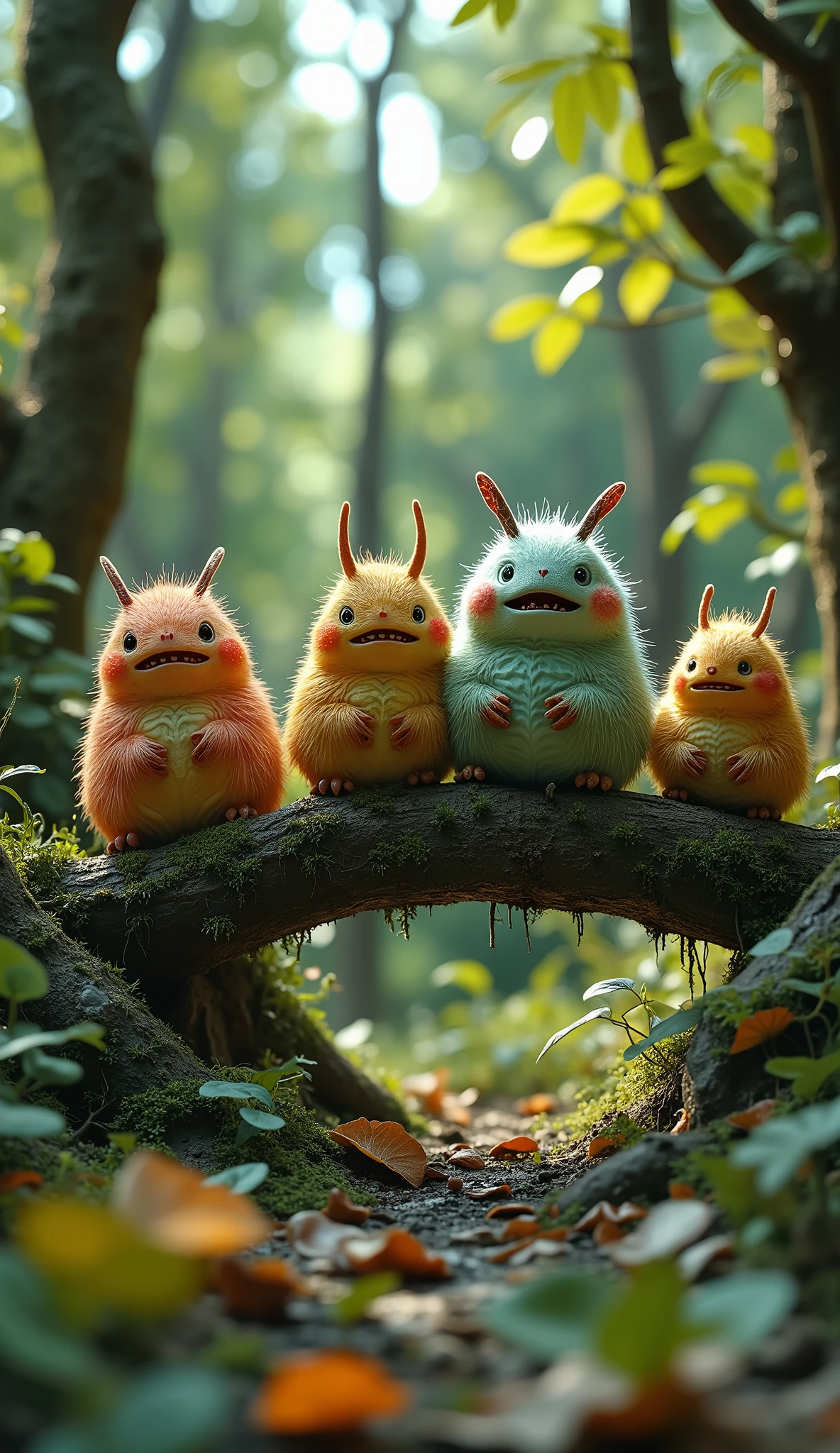 live-action、real、8K、HDR、In the woods、Cute monsters are moving on a caterpillar