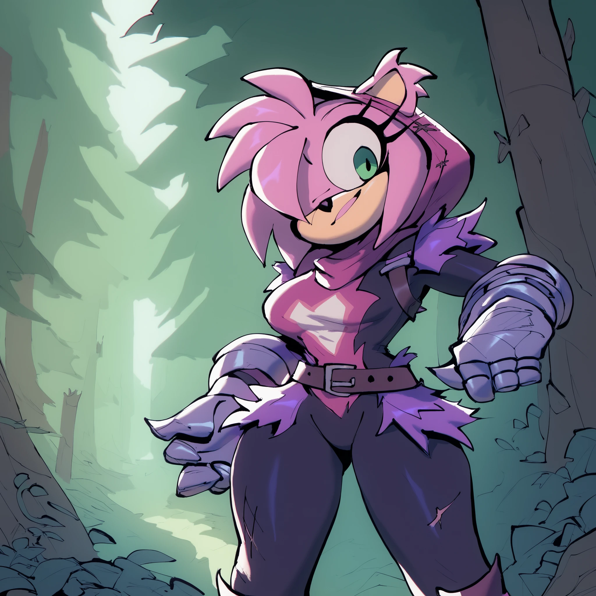 Amy Rose (Bigdad/character), female, (long hair), (long hair/quills), solo, outdoors, medium breasts, fuzzy fur, Amy dressed as Raven Team Leader, cosplay, purple hood, (furry), black body fur, bodysuit, purple fur, belt, straps, :3, torso symbol, metal gloves, forest, hair/quills sticking out of hood, small scar over one eye, alternate version of Amy
