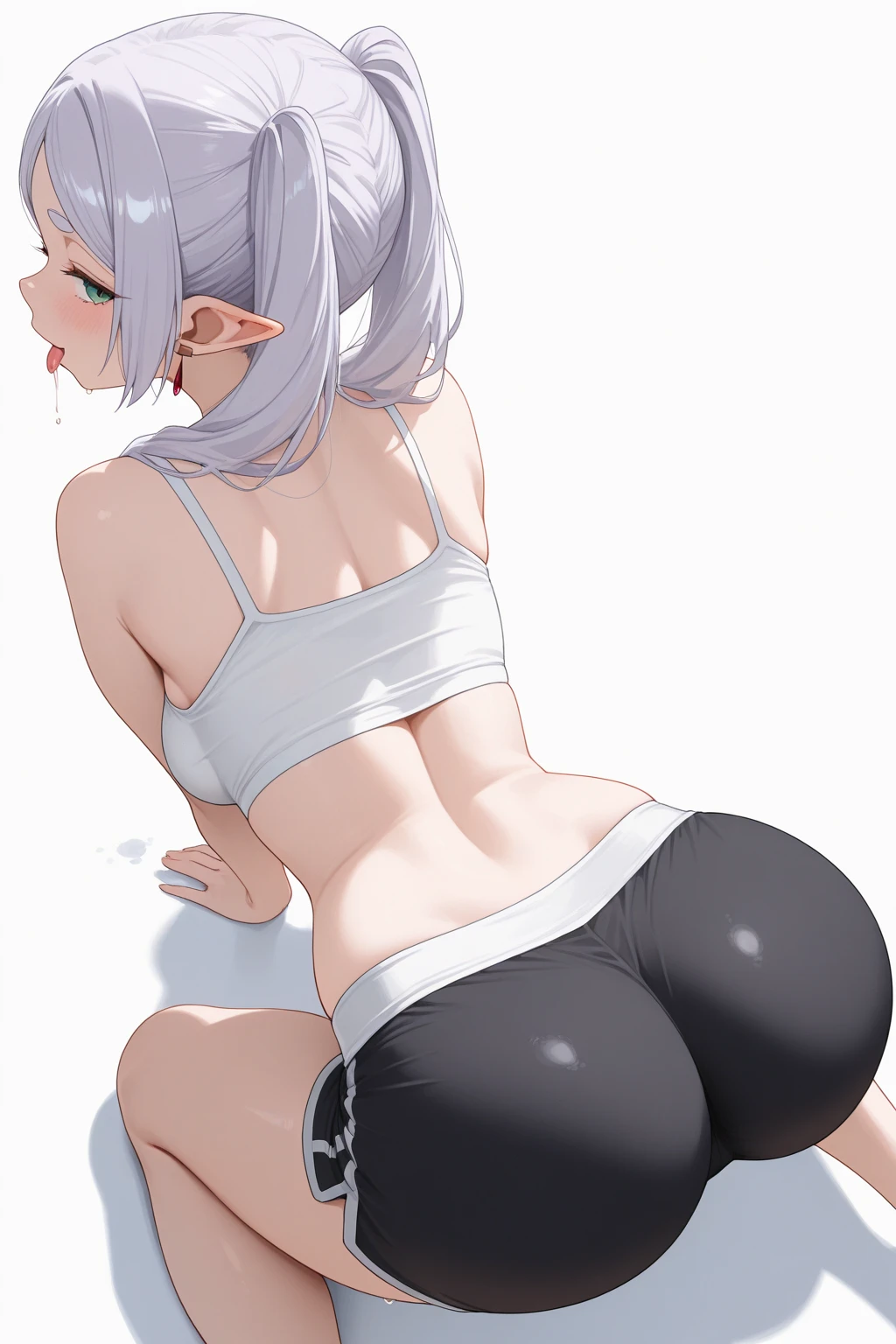 1 girl, short, small, short hair, white hair, white eyelashes, purple eyes, Japanese, extremely white skin, full body, sexy, very young, naked, bent over, flat breast, thick thighs, spreading ass, nervous