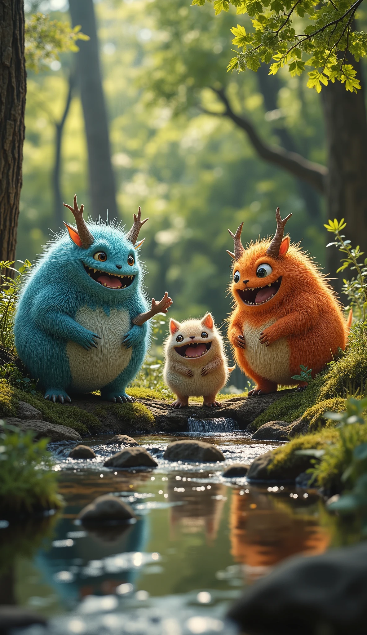live-action、real、8K、HDR、In the woods、Cute monsters playing with each other innocently