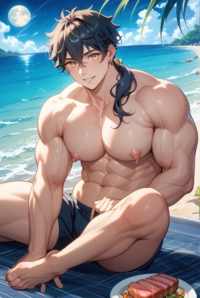 male boy bodybuilder flexing sexy in a beach, spoiled boy, arrogant attitud, indulged rich boy, anime style, rich boy, sexy thongs, arrogant smiling, 23 years old, handsome, long hair, sexy haircut, mullet haircut, big & heavy muscle, big legs, defined body, barefoot, topless, big fangs, sexy fangs, fangs, black hair, shirtless, abs, extremely defined muscles, handomse, high quality, 4k, orange eyes, sexy look, sexy pose, bara, close up, heavy muscle, big muscles, ((best quality))), ((ultra-detailed))