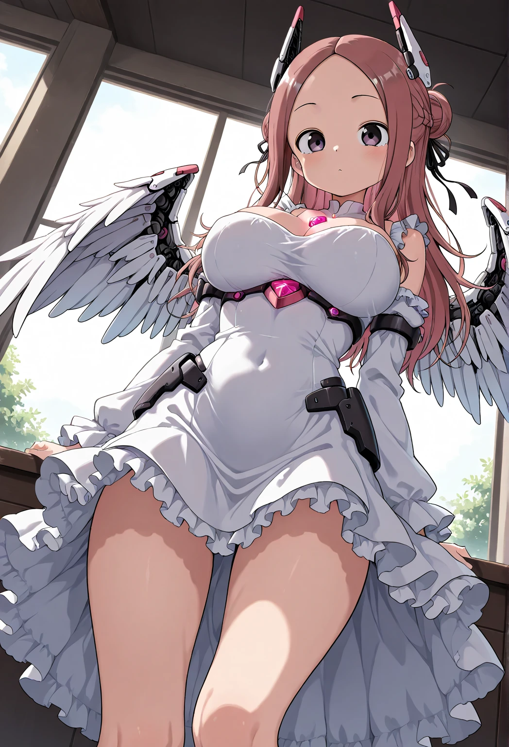 nodokaharamura, 1girl, solo, pink middle hair, huge breasts, red ribbon,
spear, white dress, maid headdress, wings, halo
<lora:nodokaharamura:0.8>
outdoor, sky, flying,