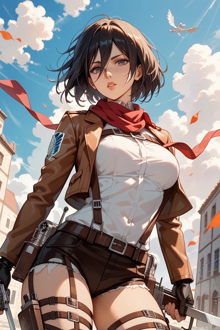 Mikasa, mature woman masterpiece, best quality, highres, short hair, black eyes, scarf, emblem, belt, thigh strap, red scarf, white pants, brown jacket, long sleeves,button, cleavage, large breast holding weapon, sword, dual wielding, three-dimensional maneuver gear, spread arms, standing on one leg, wide shot, sky, highest quality, high resolution.
