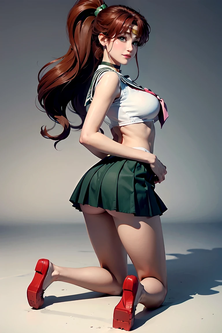 Sailor Mars seen from behind, shirt skirt, white panties, red heels