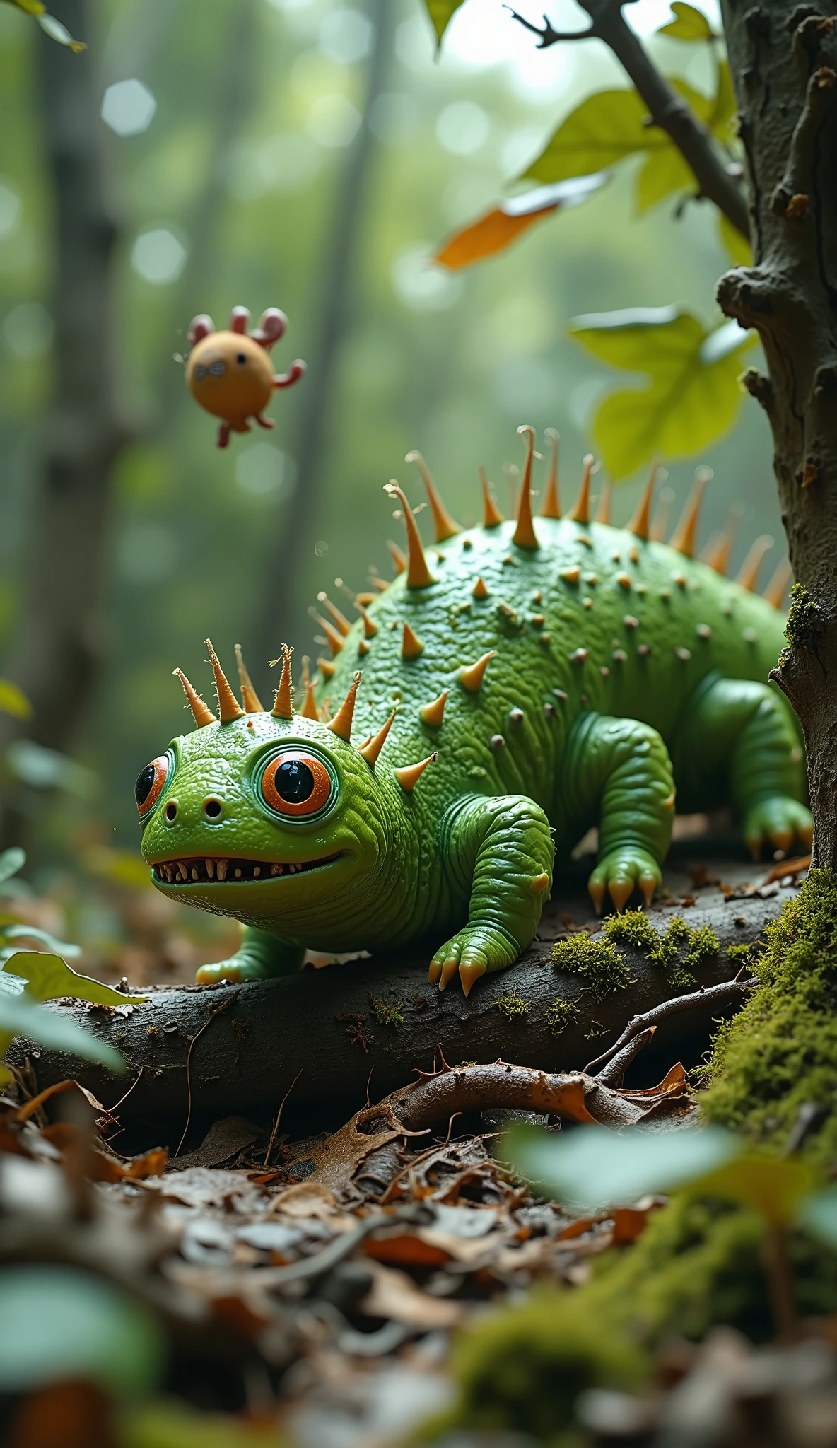 live-action、real、8K、HDR、In the woods、Cute monsters are moving on a caterpillar