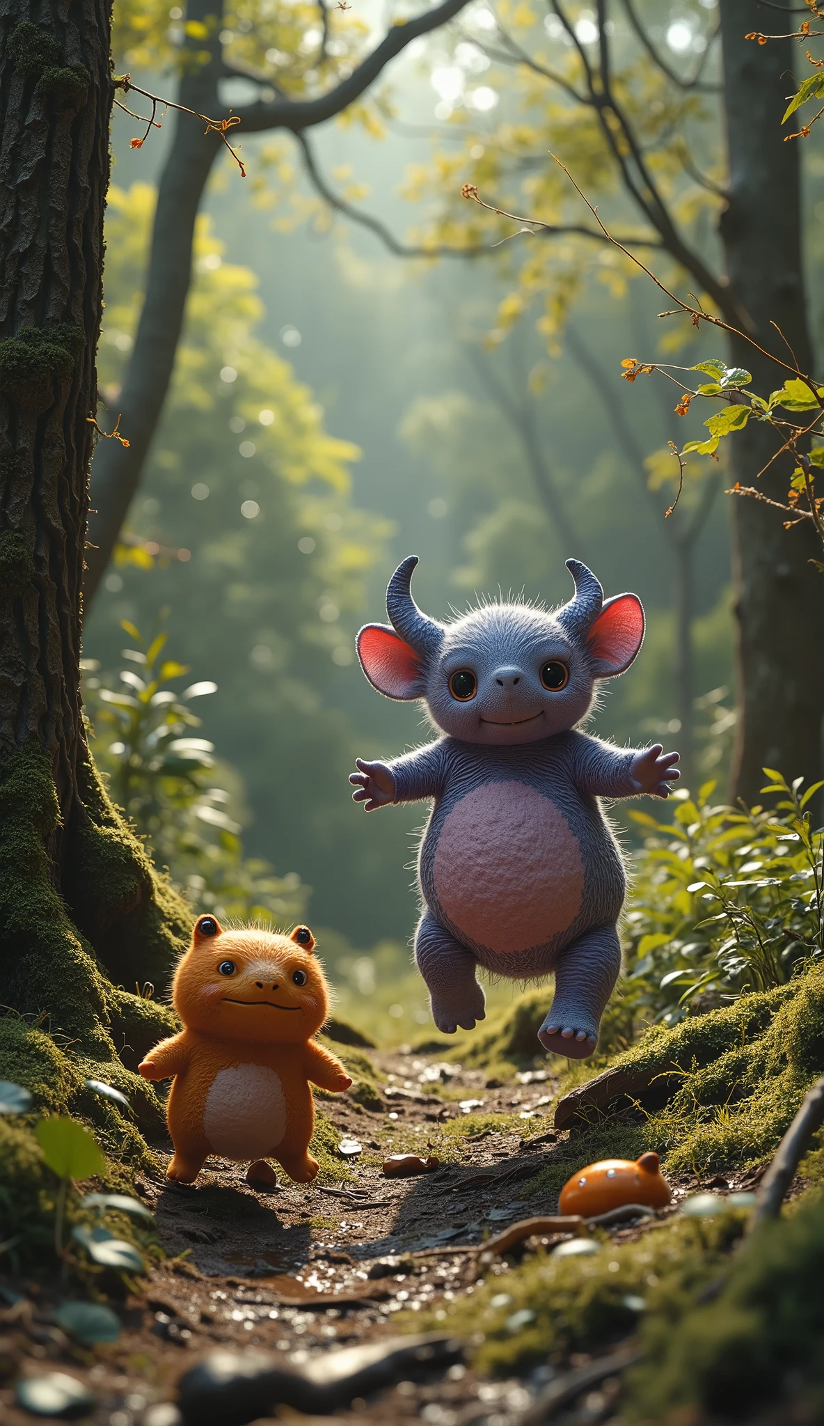 live-action、real、8K、HDR、In the woods、Cute monsters are dancing in the air