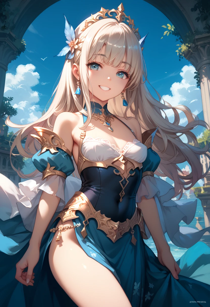 Rapunzel girl con vestido transparente provocadora pegado al cuerpo tetas gigantes cabello blanco hermosos ojos azules grandes mirando al espectador
