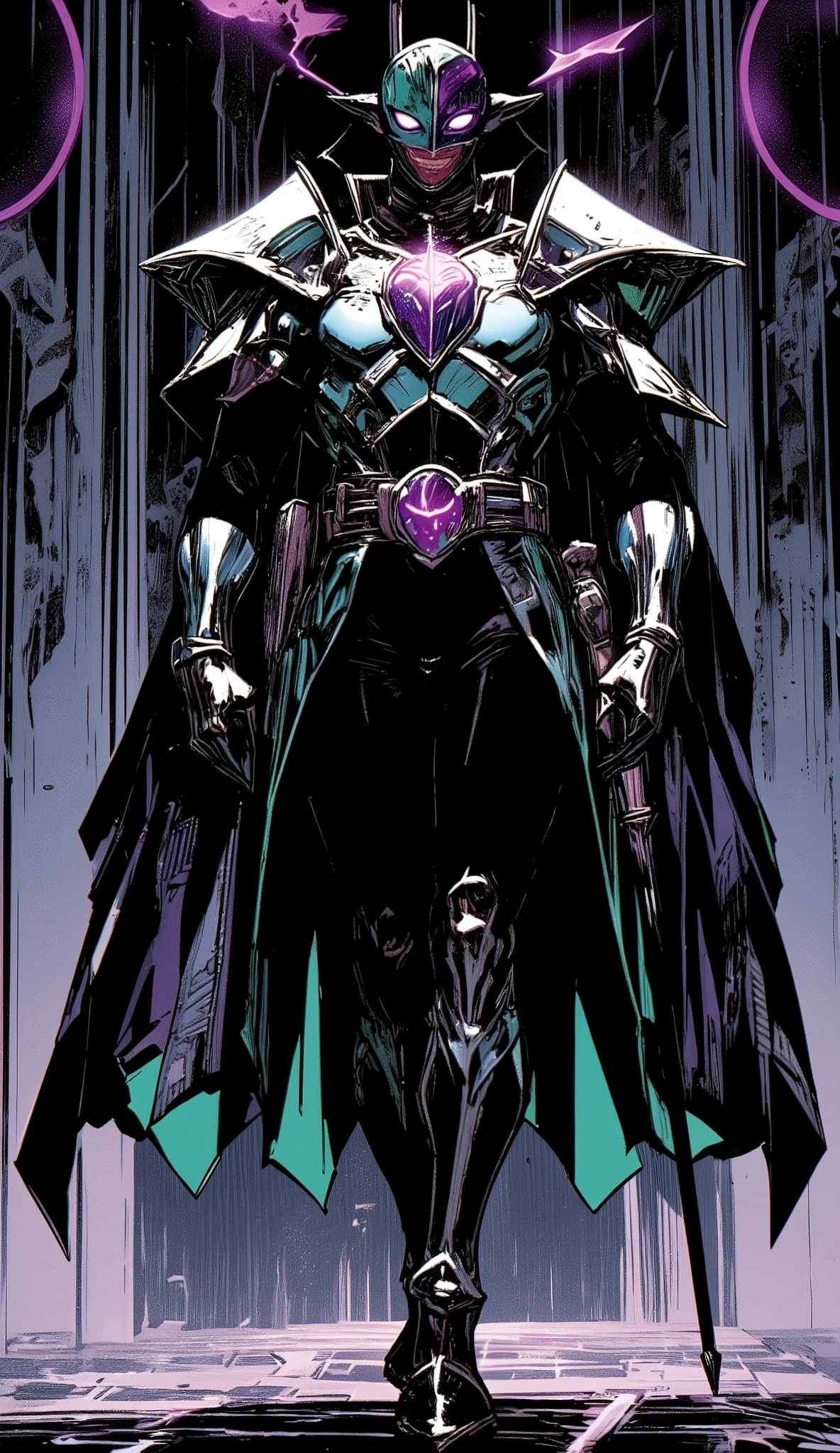 Manga character full body:
Figure and posture :
high, extremely stylized, he constantly poses as if he were on a runway. His gait is almost choreographed.
I wore a:
Show presenter costume mix with ceremonial armor. Wide shoulder straps with LED lights that flash slowly like stage lights. The costume is black with iridescent edges that change depending on the angle (colors between purple, green and pearl gray).
Mascara/hull:
Half Venetian mask, half broken mirror. The side of the mirror reflects the viewer, but with an evil smile superimposed.
accessories:
It has a thin cane that is actually a microphone/rod with which he gives orders or initiates his “acts”. It has score-like symbols or hyphen lines on its clothing.
Animated shadows:
NEVER SEEN is manifested as a figure that sometimes perches behind him, as if it were a living cape. Sometimes he applauds, others he defends him without moving too much.