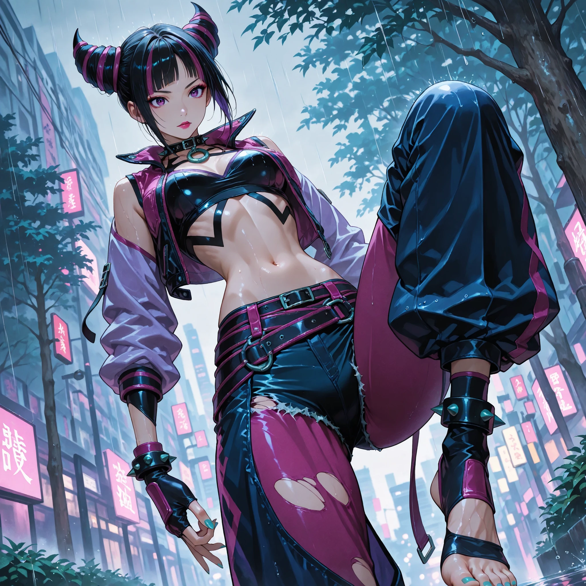 Details, solo, 1 girl, Han Shuli, purple eyes, brunette, bangs, Hair horns, Colorful Hair,染色头发, make up, Lipstick, 身穿粉色和白色骷髅 vest, cybermech, vest, abdomen, ripped denim shorts, walk in the rain, rain, walk, very beautiful, Very Sexy Fit, Narrow waist, Low Angle Dutch Horn, Park Background,and lift your leg,combat posture,purple eyes, black hair, bangs, hair horns,,juridgog,,fingerless gloves,multiple belts, collar, spiked bracelet, aqua nails, chaps, baggy pants,toeless legwear,jacket,,purple eyes, black hair, bangs, hair horns, multicolored hair,streaked hair, makeup, lipstick, ,juridgsf6,脸部特写