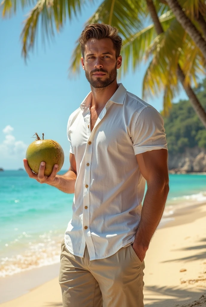 young, beautiful, elegant, white, skinny, elegant shirtless face standing, , on the beach with a coconut in his hand while his other hand touches his bubble head 