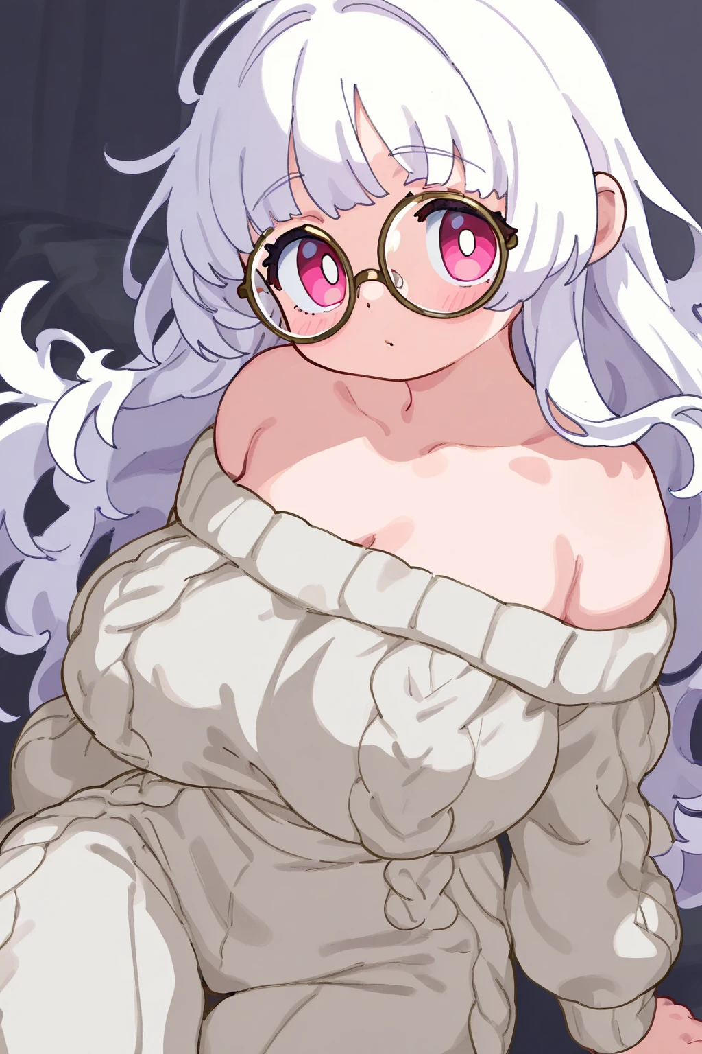 detailed illustration, (front view), (side view),dynamic angle, ultra-detailed, illustration, clean line art, shading, anime, detailed eyes, detailed face, beautiful face, dramatic lighting, detailed illustration, dynamic angle, ultra-detailed, illustration, (single woman: 1.8), masterpiece, masterwork, beautiful, (1 woman:1.8),
Succubus woman, young, timid, only wearing an oversized sweater, red skin, pinkish white hair, big round wire frame glasses, knitted ribbed sweater, sleeves too long, sweater goes down to knees, large chest, large thighs, massive hips, massive thighs, sitting on her knees, hands between her legs, long demon tail, pointy red ears, yellow cat eyes, long white hair, plump, smiling, breasts squeezed together,