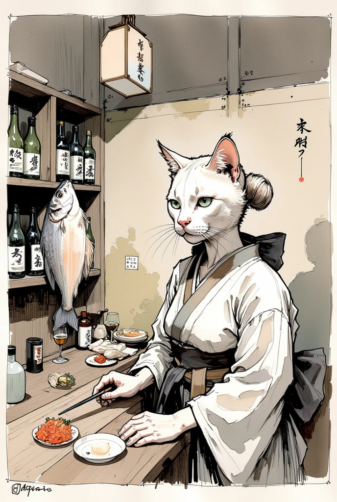 best quality, shinyunbok painting, a cat wearing dress and drinking a beer at the bar