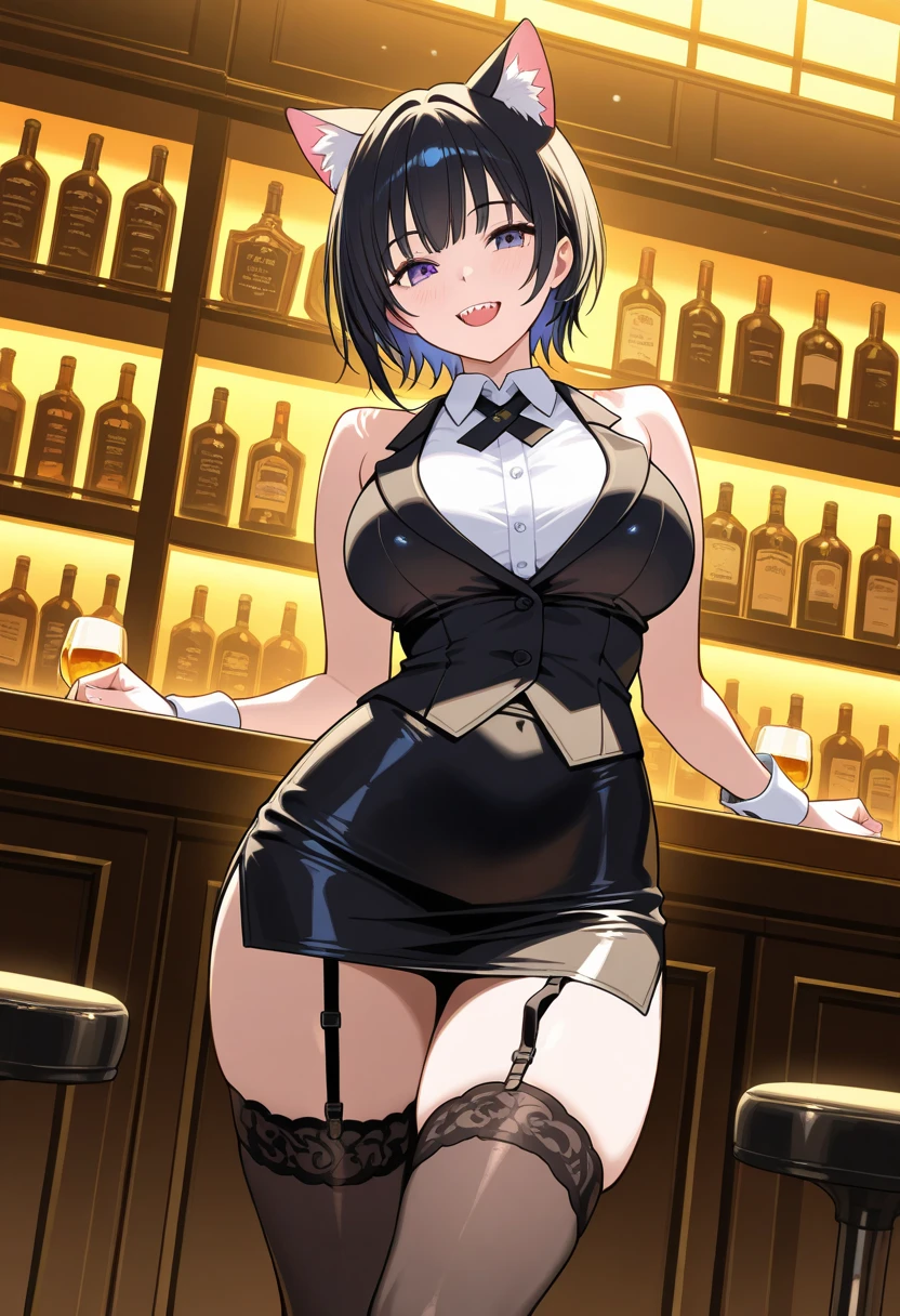 score_9, score_8_up, score_7_up, source_anime, 1girl, very short hair, brown hair, brown eyes, playboy bunny suit, rabbit ears, dark skin, black clothes, large breasts, naughty smile, sexy pose, sitting, expensive sofa, nightclub,
