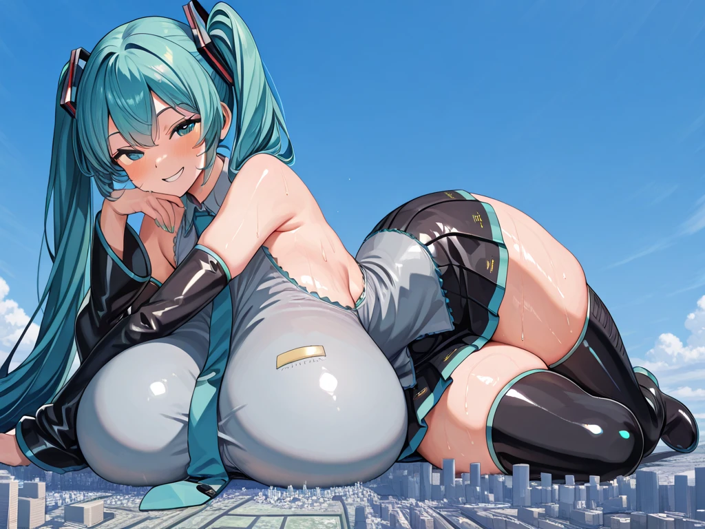 Blue skinned, Giantess, tall giantess, alien giantess, crushing city, anime girl, mefium hair, white hair, blue skin, busty, masterpiece, best quality, flawless skin, detailed eyes, skintight outfit, large chest, big breasts, thigh thighs, antenna, standing in city, massive chest, antennas on head, fluffy hair, light blue skin, alien giantess, space giantess, sexy spacesuit, blue skin colour, long antennae, juicy, sweat, thick, thicc, curvy, sexy, hot, deep blue skin, blue skin color, blue skinned, alien, alien features, big girl, dwarfing city, crushing city, colossal, voluptuous, buxom, larger than city, crushing city under ass, crushing city with butt