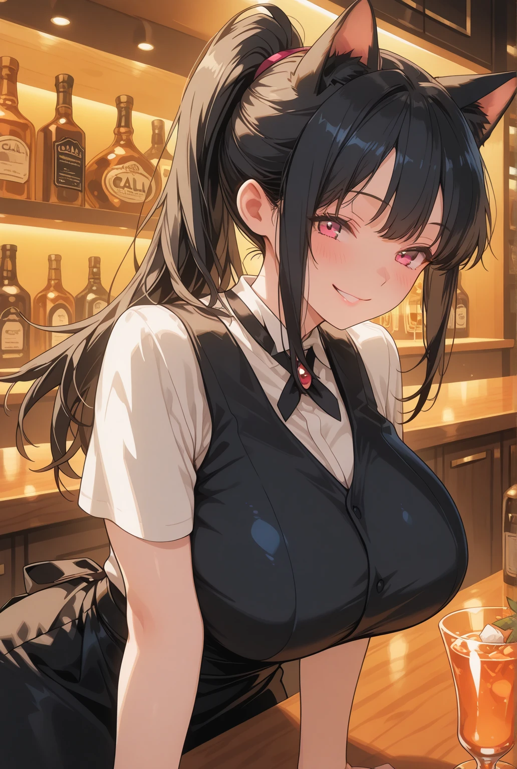 1 girl, game CG, ((reverse bunny)),((reverse bunny)),Rabbit ear hair ornament, huge breasts, Black shiny hair, long hair, ponytail, ,Princess hairstyle, black eye, ((Inside the bar)), throw,blush