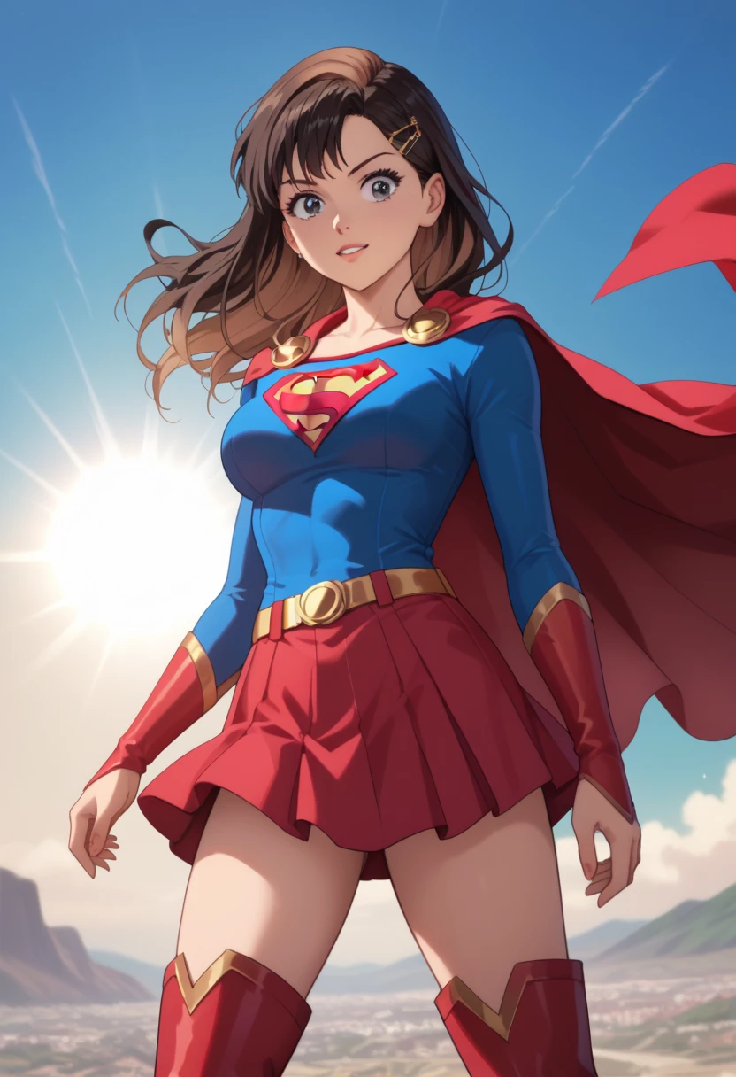 (masterpiece, best quality:1.2), <lyco:attire_superman-11:1.0>, cowboy shot, solo, 1girl, smile, looking at viewer, crossed arms, supermansuit, superhero, blue bodysuit, cape, blue sky, clouds