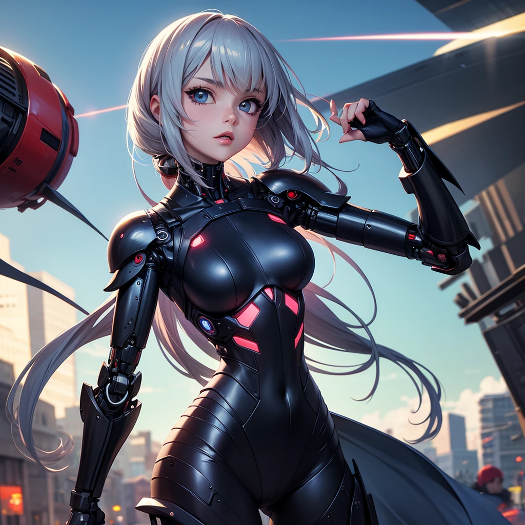 cyberpunk-inspired art by Cornflower with an original masterpiece transformed into a cyberpunk-themed artwork with perfect details and a beautiful, crisp background (Unity CG 8K:1.05 wallpaper) and depth of field (0.75). A sexy, black-clad young woman with long silver hair and a neon floral head ornament (1.1) stands in the middle of an abandoned cyberpunk city (1.25) under a neon (1.1) sky in (spring:0.45):1.1. Her proportions are adjusted to be more realistic, and her detailed beautiful eyes (1.2), stunning face (1.2), silver hair fluttering in the cyberpunk wind (1.05), and striking green eyes (1.1) complete her alluring presence. However, she is not alone in an abandoned city, as she is approached by a group of terrifying monsters. Despite their menacing presence, the girl shows no fear and instead gives them a ferocious, angry expression. Her expression contrasts with the peaceful rainbow behind her and underscores her determination to face the monsters.