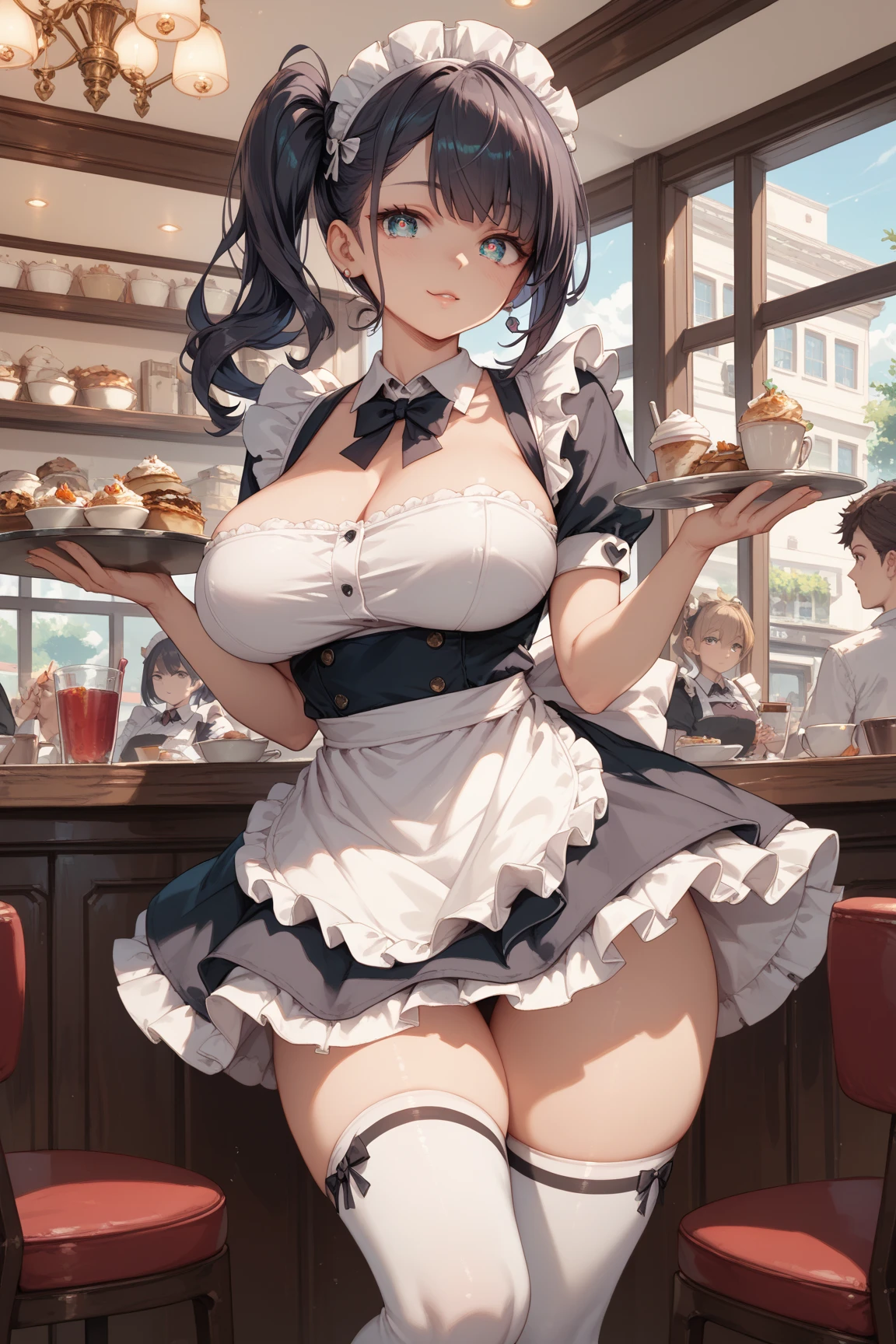 1girl, solo, (white apron), large breasts, cleavage, thighs, cafe background, (blushing:1.2), smiling