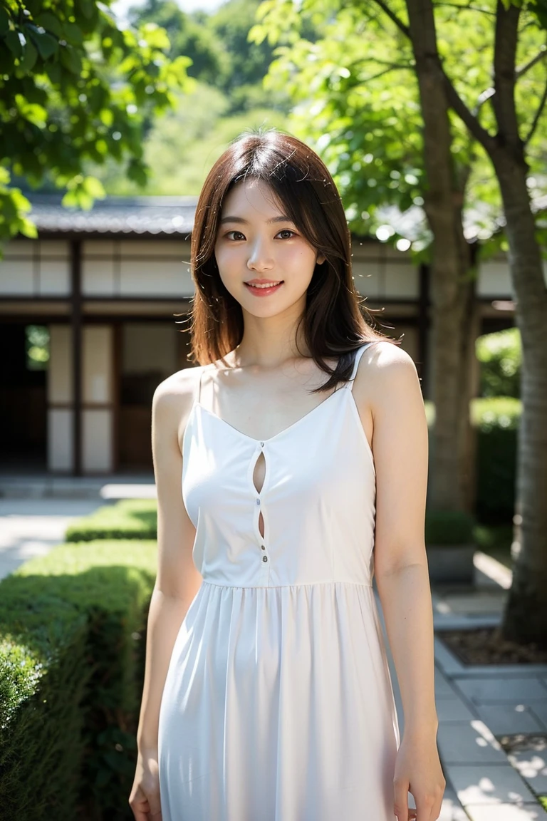 1 girl in,Very beautiful 30 year old woman、Hair so short、vision、chest neckline、the wind、Dark cloudy sky、It's raining a little、Body as a model、light white dress、Open the legs、Top-notch image quality、Superior image quality、looking at the camera、focus on the eyes、boldness、leaf runner