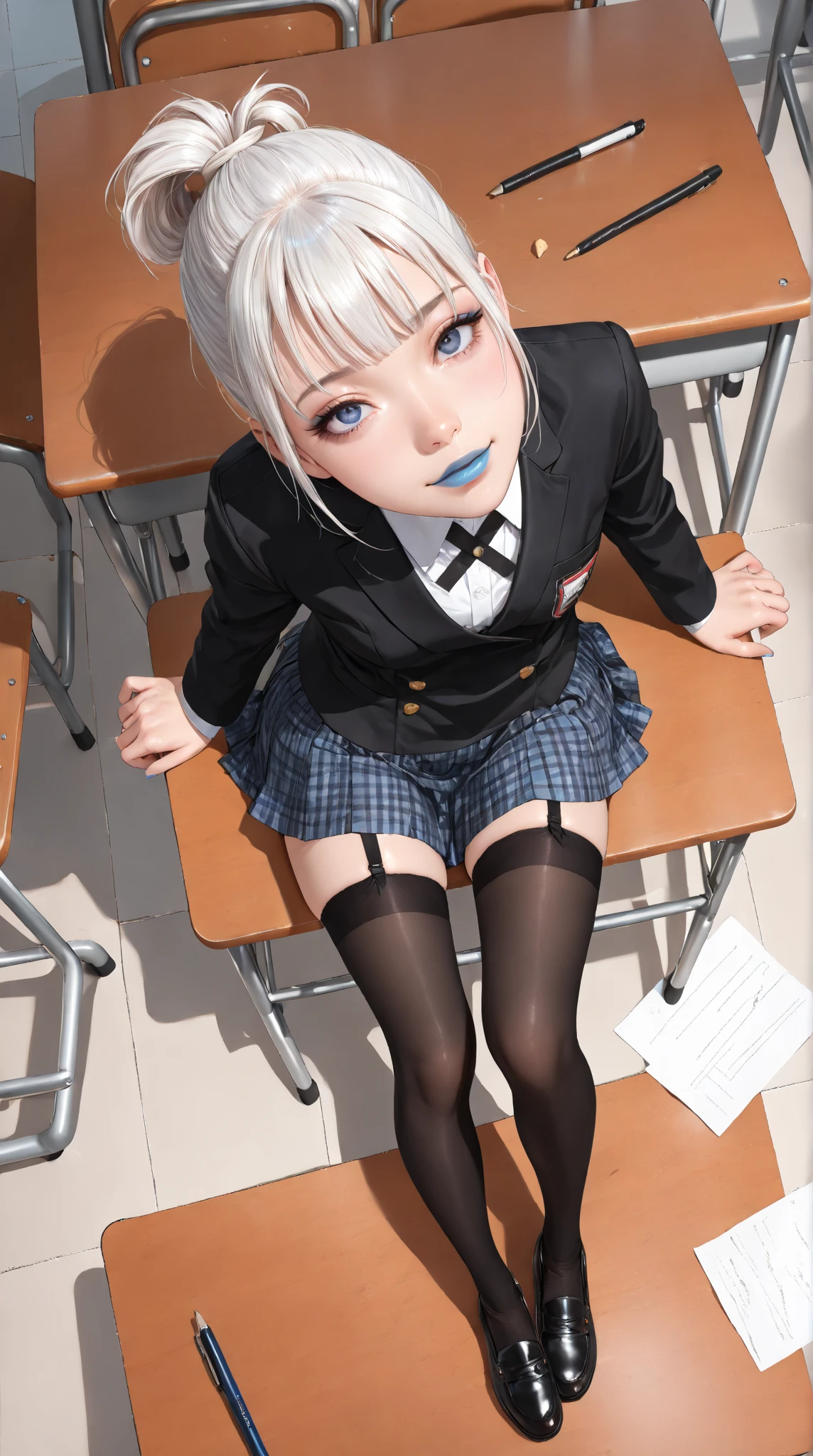 ((Biologically correct limb count)),(( From head to toe,Full-body photo including face)),4K,((Standing position)),masterpiece,((Focus on the face)),((Symmetrical facial features)),Eyes with detailed description,Beautiful woman,Great style,Beautiful arms,Beautiful legs,Beautiful Hands,(Small Ass,Thin thighs),Facial detailing,Small earrings,necklace,(Latex sailor suit,mini skirt((High heels,Patterned stockings))),((Taking a class in a school classroom)),,Realistic photo,Stand at an angle