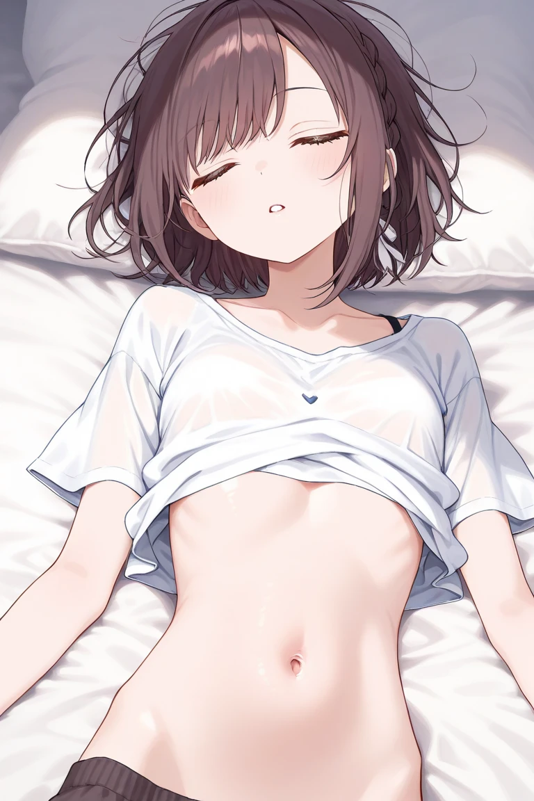 (Ultra-high resolution of the highest quality, masutepiece, Best Quality, 8K, Super Detail, Best Quality:1.3), (1 littlegirl:1.8), (tiny body:1.8), (Loli:1.8), (flat chest:1.8), (petite body:1.8), drooping eyes, blush cheek, long hair, black hair, girl's own room, front view, beautiful hair, beautiful face, beautiful eyes, beautiful body, beautiful hands, (lying on back:1.2), (spread legs:1.4), (children's clothing, unbutton shirt:1.6), erect nipples, small nipples, (orgasm:1.4), (female ecstasy:1.4), (half closed eyes:1.3), (face focus:1.1), (vaginal), (female masturbation:1.6)