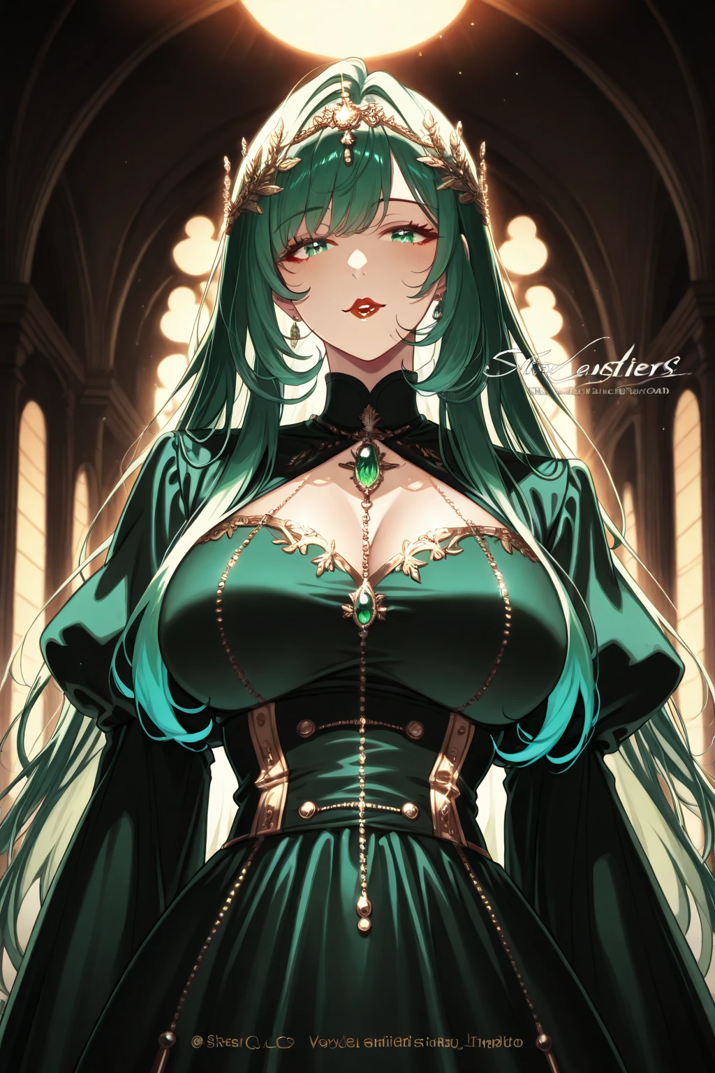 ultra-detailed, extremely detailed,((anime artstyle)),Masterpiece,(Best Quality),(Super Detail),(Very Delicate and Beautiful),((Solo)),((full body)),full body,((detailed face and eyes)),perfect eyes, rendered eyes,jewel-like beautiful eyes,((1 princess in beautiful embroidery and jeweled gorgeous rococo ballgown with frilled voluminous full length hoop skirt)),((Crinoline)),beautiful embroidery and jeweled gorgeous rococo ballgown with frilled voluminous full length hoop skirt,(large amount of straight hair,extremely voluminous Very Long straight Hair,Absolutely Long Straight Hair),sparkly skin,(((very gigantic boobs,skindentation))),Bursting breasts,cleavage,(fantasy castle,outdoors,outside the castle),long_gloves,extremely gorgeousfull jeweled hair ornament,(bling-bling extremely gorgeousfull jeweled tiara),(luxurious jewelry),full body,beautiful embroidery and jeweled gorgeous rococo ballgown with frilled voluminous full length hoop skirt