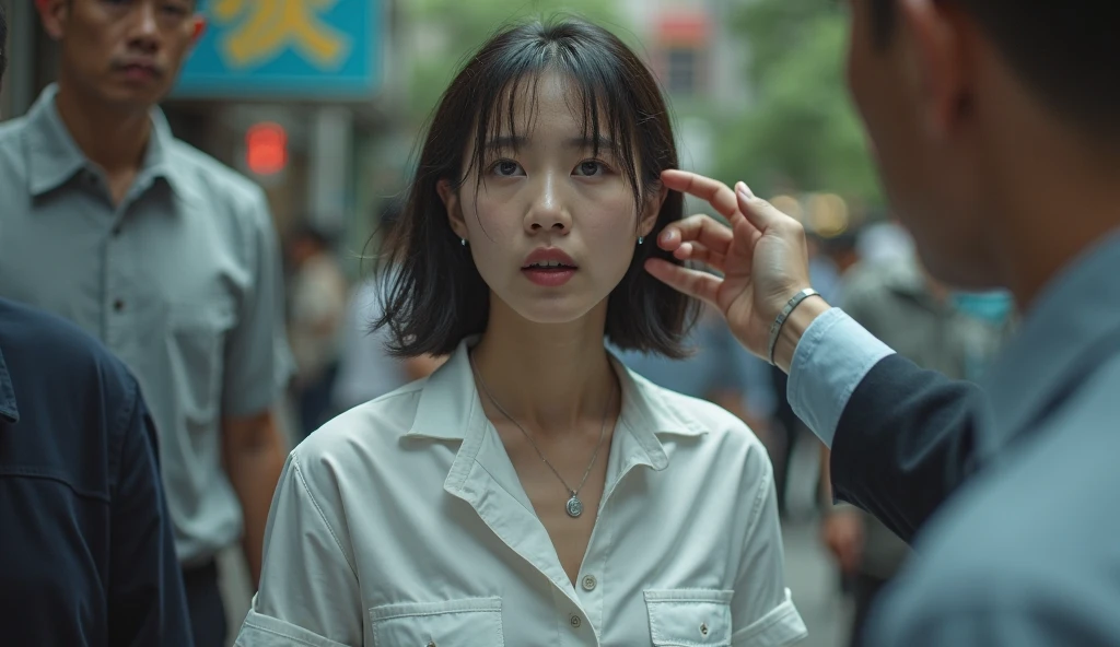 Kowloon City、Backstreets、Wet ground、pipe、duct、electric wire、signboard、plein air, Tag, Simple Background, 青いnull, short hair, One Girl、Beautiful girl、22 years old、null, Looking at the audience, stage, Moody lighting,