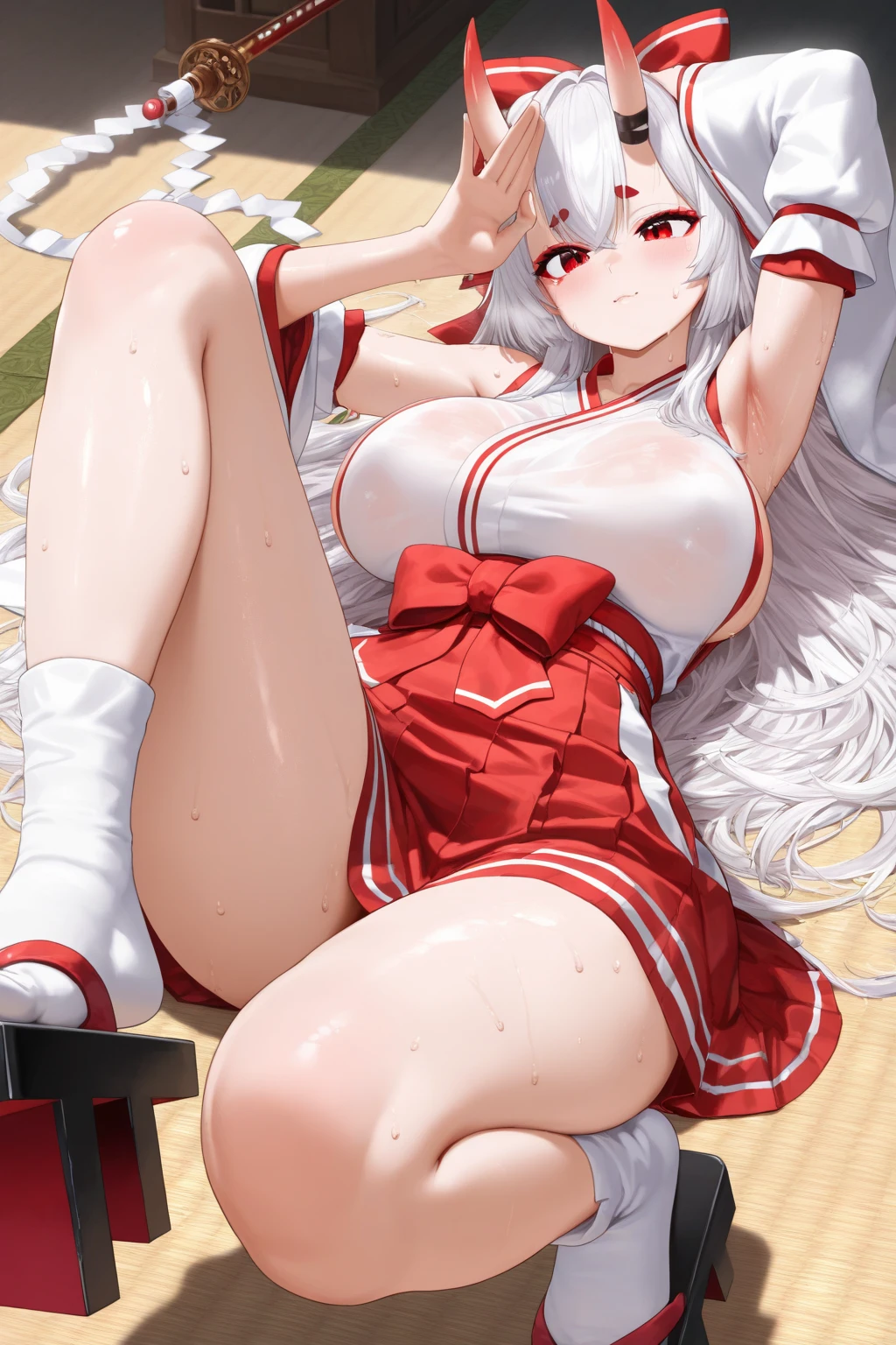 (full_body)、Woman、red_background、(big_breasts:1.5)、white_nurse