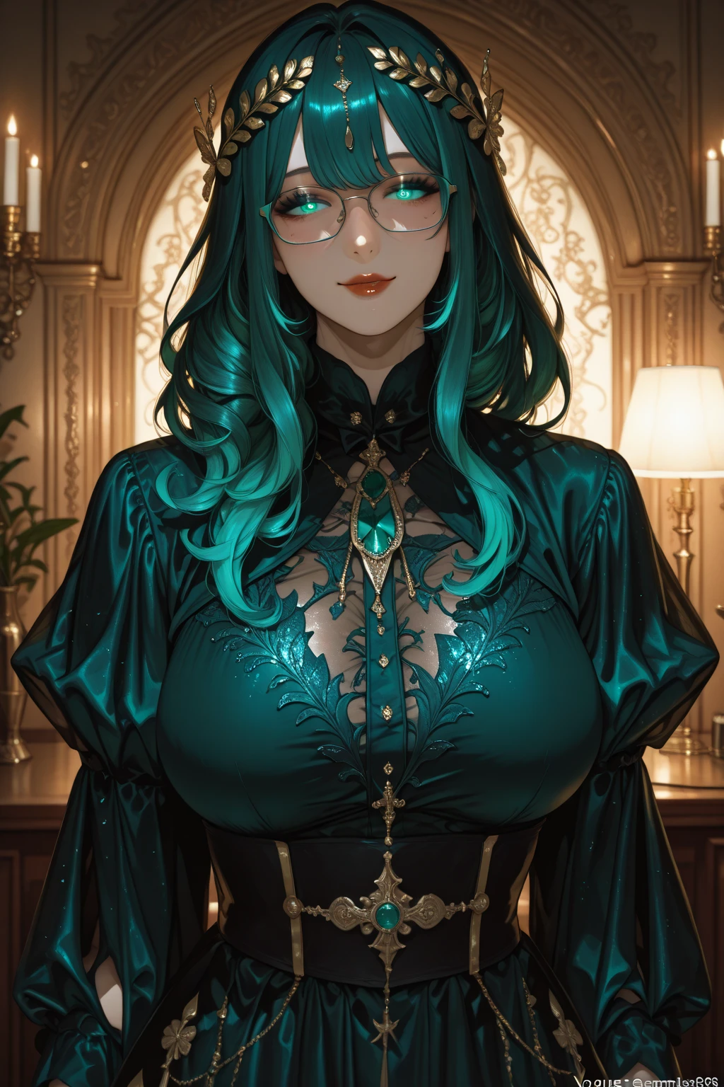 (8k, masterpiece, Best Quality, ultra-detailed, Professional lighting, beautiful detailed faces, bright colors) a beautiful chubby mature woman with big breasts, thicc, lingerie, happy face, lust, long green hair tied in a braid, oppai, oppai proportions, golden eyes, wearing glasses, standing, whole body visible, feet visible