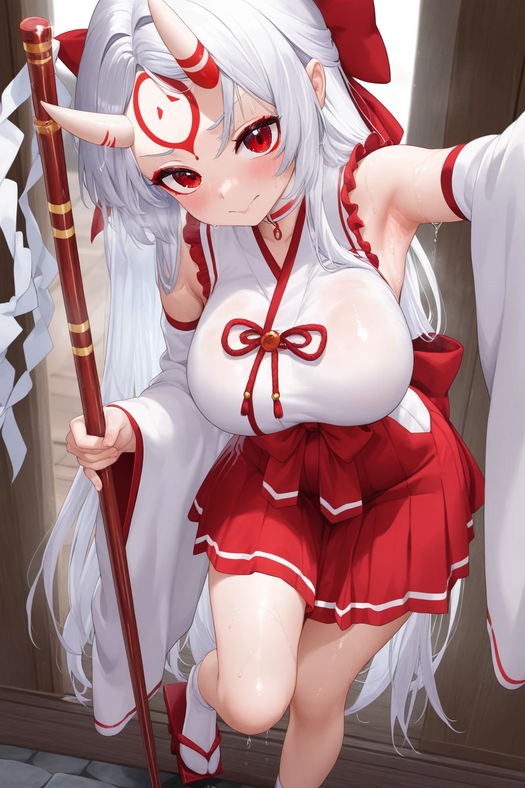 (((high quality))),(((masterpiece))),(((highly detailed))),((illustration style)),
(((fujiwara no mokou))),(touhou),(((red eyes))),(((long hair,white hair,bangs,hime cut)))),(((hair bow, white bow))),(((white leather jacket))),(((Flame Pattern print red full bodysuit))),((latex)), (shiny clothes:1.2),(((grin))),(((large breasts))),(((full body))),(((arm behind head))),(((model posing))),((((simple white background))),(((Angle from above)))
