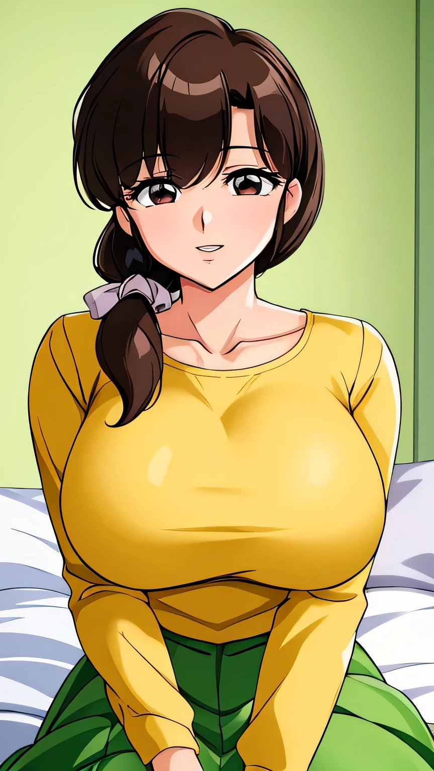 tendou_kasumi, Yellow_Shirt_blue_high-waist_skirt, solo, large breasts,, masterpiece, best quality, detailed face, detailed eyes, highres,perfect face, perfect body,big tits,smiling, sitting,upper body,cleavage,open dress,open clothes, (show tits),perfect tits