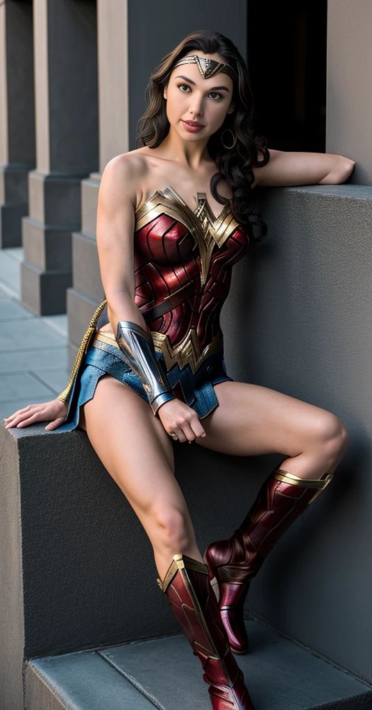 Wonder woman big tits, stands amid destruction. In pantyhose and blue-red latex. Wonder Woman Costume