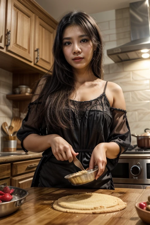 ((Realistic lighting, Best quality, 8K, Masterpiece: 1.3)), Light focus: 1.2, ((Solo, 1 Girl)), Asian girl, big breasts, Perfect figure: 1.4, Slim Abs: 1.1, ((Dark brown hair)), Super thin face, Thin eyes, Double eyelids, full fitness body, twerk dress, chester delicated features, sexy features, baggy oversized clothing, in the kitchen