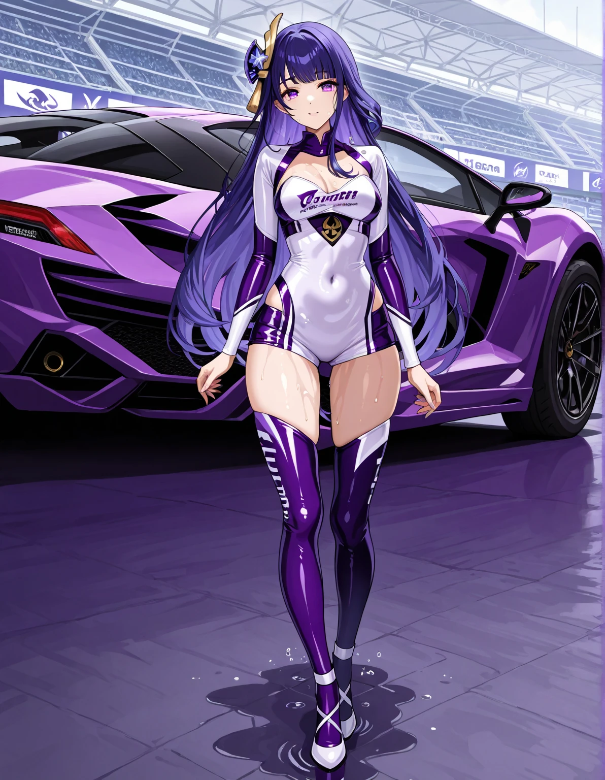 Unreal Engine 5 Realistic Rendering, cosplayer, Random Posing, Race Queen、Uniform with logo、 Exquisite beauty、Beautiful face, Body shape of slim model, Colossal tits, shiny, wet shiny body, Black and multicolored hair, dark brown skin, neons、Large crowds、audience、Forming an emperor、Drag racing、Midsommar Racing Circuit、racing car、Lower grade、Large crowds、Spectators、Sexy Beauties、Extraordinary Beauty、