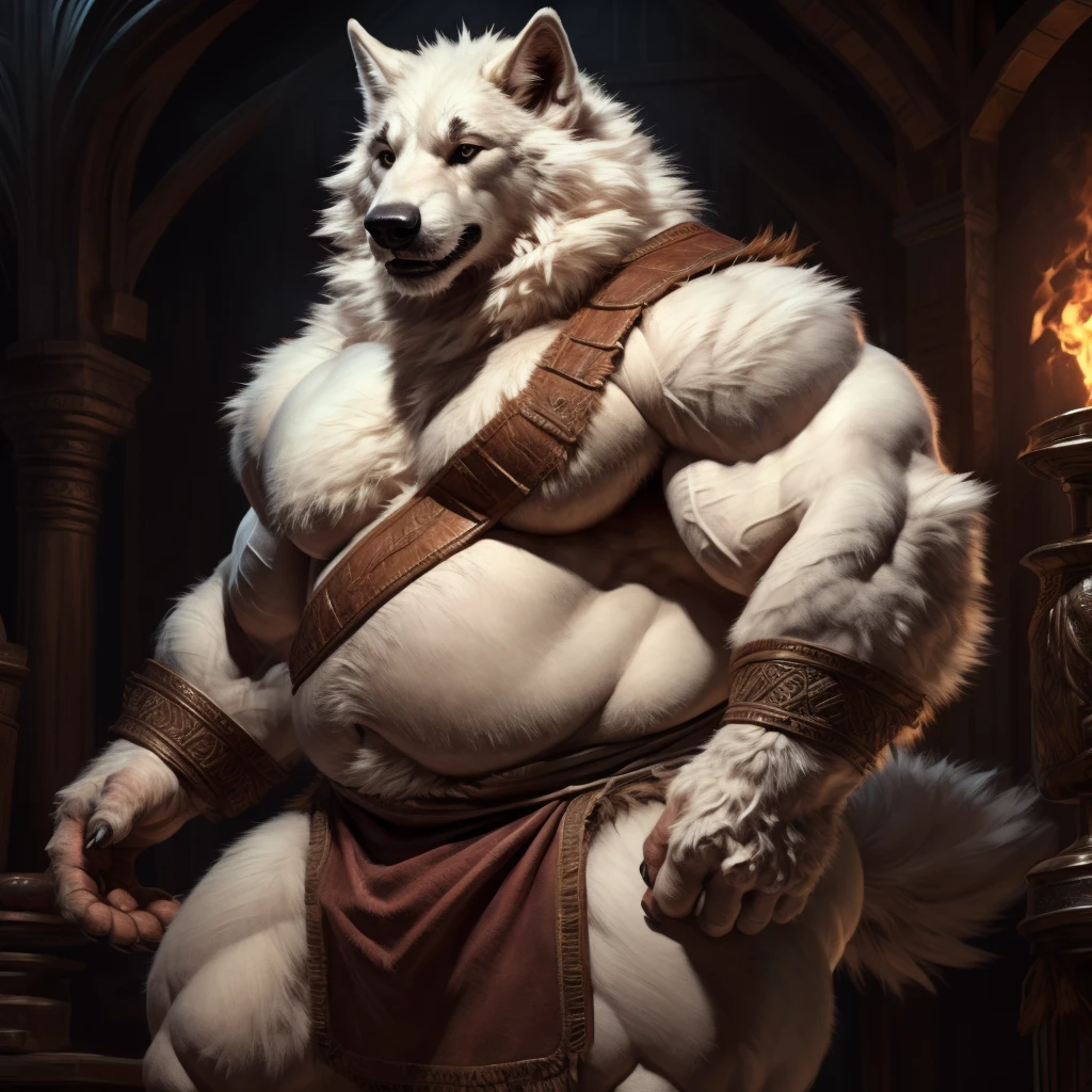 uploaded to e621.net, masterpiece, 8k, hyena, male, gray hair, king, soft figure, heavy, chubby, muscular, barbarian outfit, laughing, brown leather outfit, beige fur, spots, bare paws, wooden throne, seated, huge bulge, detailed crotch, penis outline, bulgeJ8, primitive keep, stone room, treasures, (crowded:1.3), (figures in background:1.5), (muscular guards:1.2), longhouse, by darkgem, by bng, by duase, by gideon,