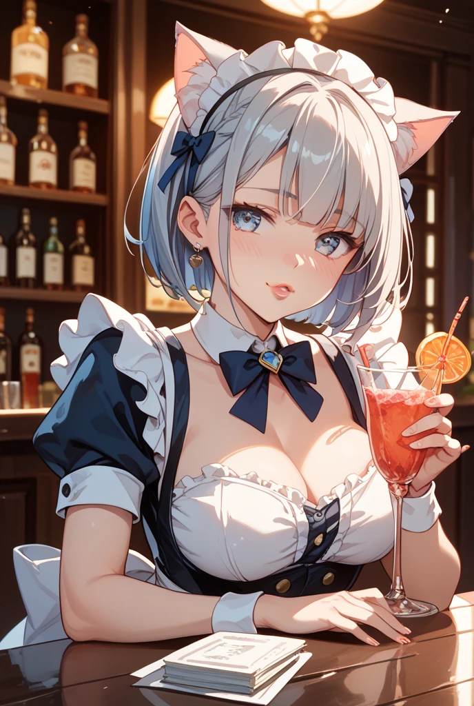(top-quality、in 8K、32K、masterpiece、UHD、超A high resolution、Photorealsitic、realisticlying、profetional lighting、raw:1.4)、From below、detailed faces and eyes、Realistic pupils、Sharp pupils、Full body, (a bar counter、shop front:1.4)、beauitful face、blurry backround、16-year-old beautiful girl、shinny skin, (1The fox tail of the book grows:1.4)、Beautiful silver hair、short-hair、(poneyTail:1.2)、green colored eyes、Fox ears、hair adornments、Naughty open-mouthed smile、Curve、(Silver costume、Playboy Bunny Girl:1.2)、Silver High Cut Leotard、White cuffs、a bow tie、dynamicposes、Drinking alcohol