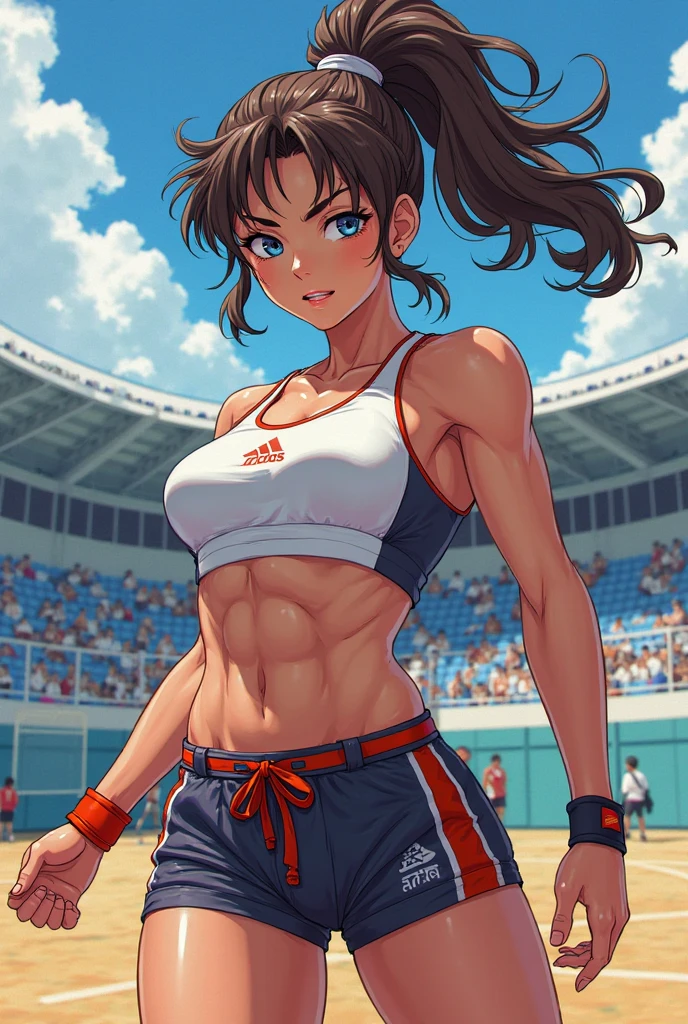 (Digital Painting),(Best Quality),super detailed illustration, 1girl ,track and field uniform,Charming face,small head,big beatiful eyes,Large breasts,Trained abs,nice legs,wet skins sweat,track and field,from below