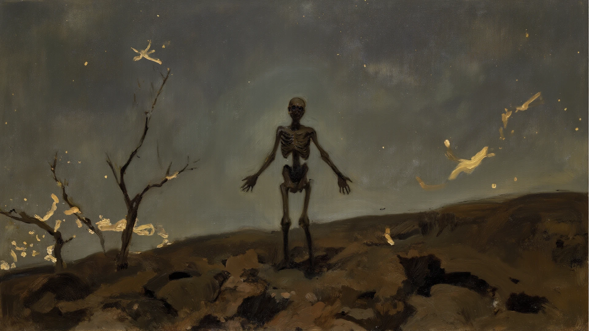 Image in the Zdzisław Beksiński style (Empty people, without abdomen just the mold of the rib cage, seem to search for their souls. (exaggerated movements) (arid climate) (heads in the painting style of Francis Bacon) (atmosphere of amazement) (post-apocalyptic) (oppressor)