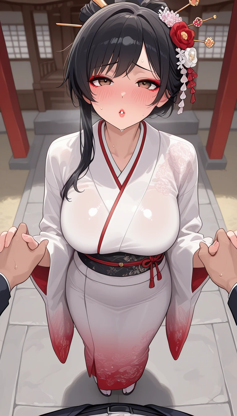 Anime Design。A woman with a seductive atmosphere, a geisha。With defined eyeliner。Her skin is flesh-colored、She has black hair。Her hairstyle is twin tails with vertical roll curls on each side.。Red eyes。The background is a Japanese-style room at night.。Wearing a luxurious kimono with black fabric and a red sash embroidered with golden chrysanthemums。She has big breasts - she has a great figure、Blushing seductive face、He's pulling on the bandage wrapped around his chest with his own hand.。Sexy sitting。I'm straddling a man。