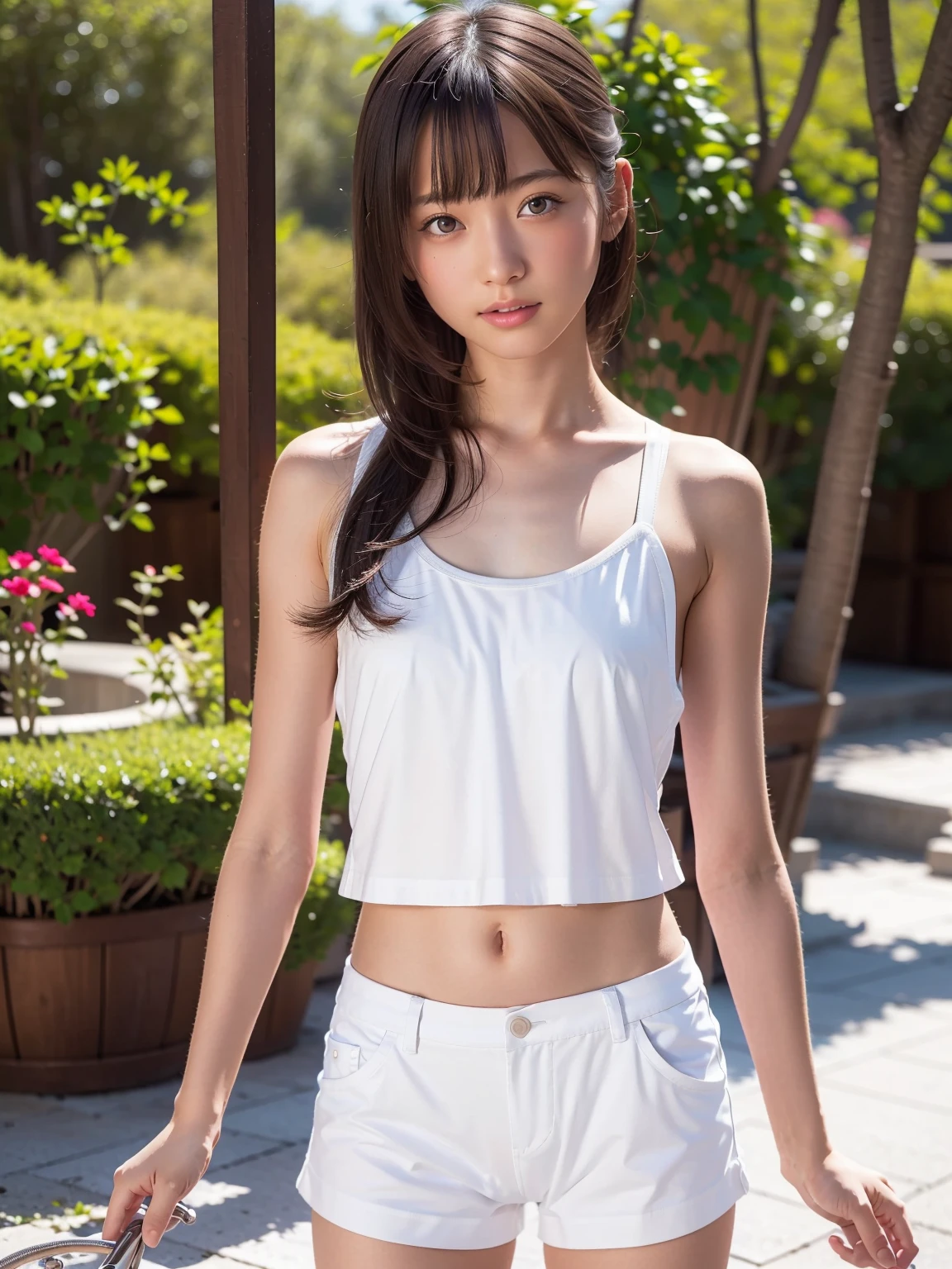 a lot of details, (underweight), 30 years old, detailed black hair, beautiful detailed hair, super fucking beautiful, delicate beautiful face, complex details beautiful and delicate eyes, perfect hands, (flat chest best quality:1.5), perfect and delicate limbs, detailed skin, best quality, ultra-detailed,(cheerful grin:1.3), 
laughing, waving at the camera, legs spread, looking at viewer, wavy hair, (light blue tank top, pink skirt), (white panties:1.0),(showing off pantie:1.3),(cameltoe:1.1), (Scene of sitting on a tree branch and waving:1.3)extreme long shot, (View from below:1.3)