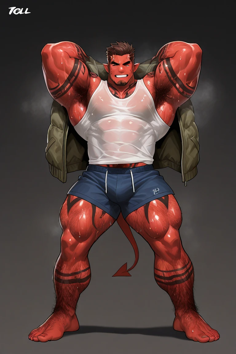 Magazine cover. solo, 1boy, perfect anatomy,devil, drone view, red skin, high shoot, up view, perfect proportion, huge horn, sharp teeth, tusk, sharp eyes, big eyes, angry, devil eyes, horn, devil tail, mad, perfect fingers, big hand, fingers. Huge Muscular Old man with short hair, shoes ,(white shorts), view from side, pectoral, thick arms, huge pectoral, wide pectoral, white hair, white beards, simple background, masterpiece, semirealistic:1.2, high detailed, 8k, high resolution, perfect center, full view. ((really big muscle, massive muscular, sixpack, thick arms, wide pectoral, super huge muscle, hyper muscular, over sized muscle, huge arms, big arms, huge pectoral))