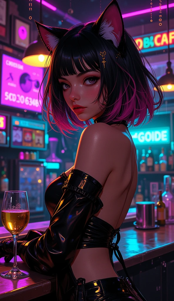 1 woman, aunt cass, detailed face, beautiful detailed eyes, beautiful detailed lips, extremely detailed face and features, long lashes, black outfit, panties exposed, drinking cocktail, club setting, dancing, grinding on other women, horny poses, provocative, sensual, dramatic lighting, neon colors, vibrant, cinematic, hyper detailed, photorealistic, 8k, best quality