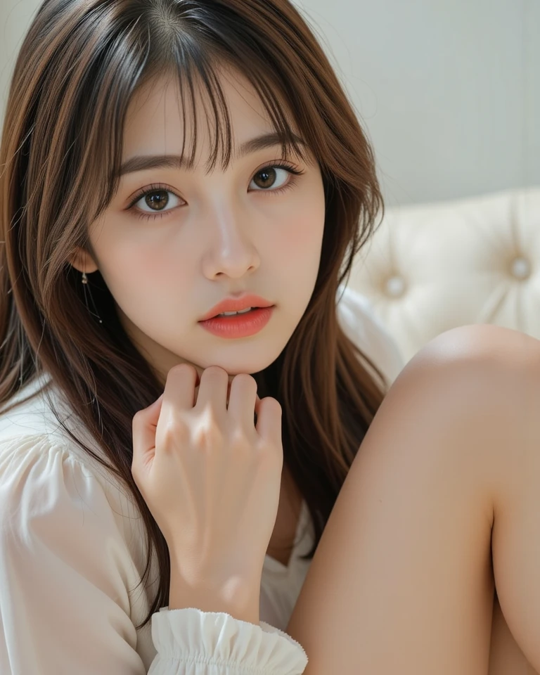 There is a woman sitting on the bed having,Wear red lipstick, young lovely Korean faces, Gorgeous young Korean woman, Beautiful young Korean woman, young cute wan asian face, beautiful Korean women, Korean girl, a cute young woman, sakimichan, with cute - fine - face, wan adorable korean face, Choi Hyun-hwa, cute korean actress