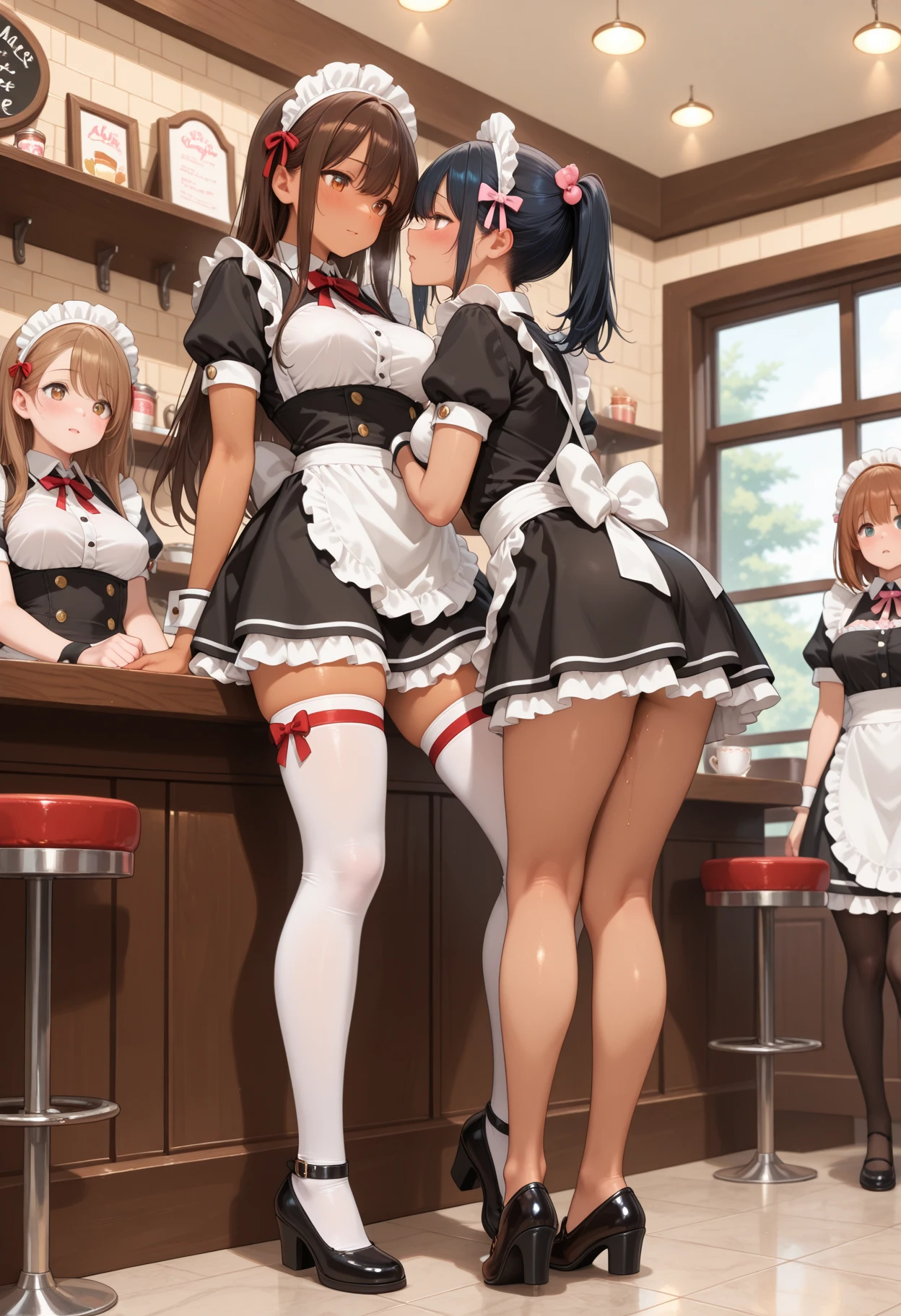 (((masterpiece, Highest quality, High resolution, 超High resolution, Perfect Pixel, Depth of written boundary, 4K, RTTX 10.0))), Beautiful Anime Woman, Beautiful art style, Anime characters, ((Smooth texture, Realistic texture, Anime CG Style)), Cinematic, Realistic, Extremely detailed CG, Daytime lighting, Perfect lighting, Best Shadow, The best natural light, ((Back view of six women wearing panties lined up side by side, Only the butt:1.8)), (Sexy and cute white underwear:1.3), (Stylish shiny white satin panties, Side-tie full-back panties, White panties with lace trim:1.3), (Thin panties:1.3), (White micro lace satin bra, White bra with lace trim, Red thin bra:1.3), (lace garter belt, Garter Strings, Knee socks:1.3), (Stylish bar, Stylish cafe:1.5), naked, (Frilly maid-like headband:1.2), In underwear, Ass in panties, Angle from directly behind, Close-up angle of the butt, Brown Hair