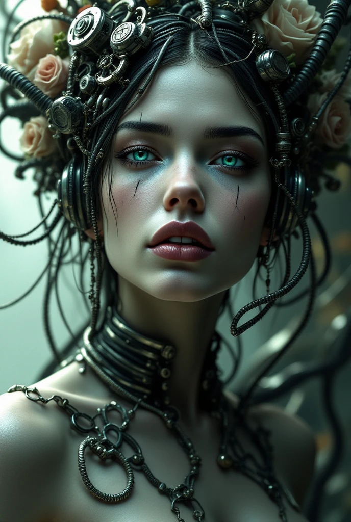 a close-up of a woman with tattoos on her arms and chest, tom bagshaw artstyle, seductive cyberpunk dark fantasy, artstyle tom bagshaw, dark fantasy mixed with realism, Tom BagshAw-Stil, beautiful cyberpunk female model, Beautiful cyberpunk girl face, ultra-realistic digital painting, Stil von Tom Bagshaw, detailed beauty portrait, in the Stil von Tom Bagshaw
